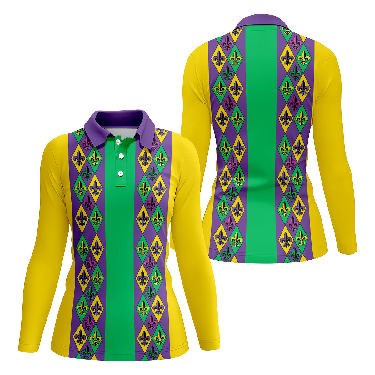 Purple Green Gold Fleur De Lis Argyle Pattern Mardi Gras Golf Shirt, Women's Golf Tops, Ladies Golf Shirt