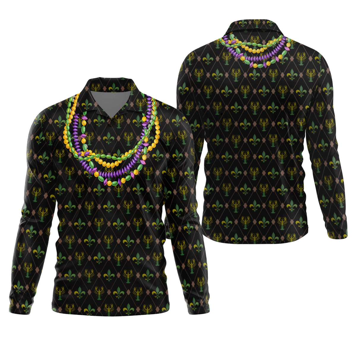 Mardi Gras Purple Green Gold Beads Chain Fleur De Lis Argyle Pattern Black Golf Shirt, Men's Golf Polo Shirts