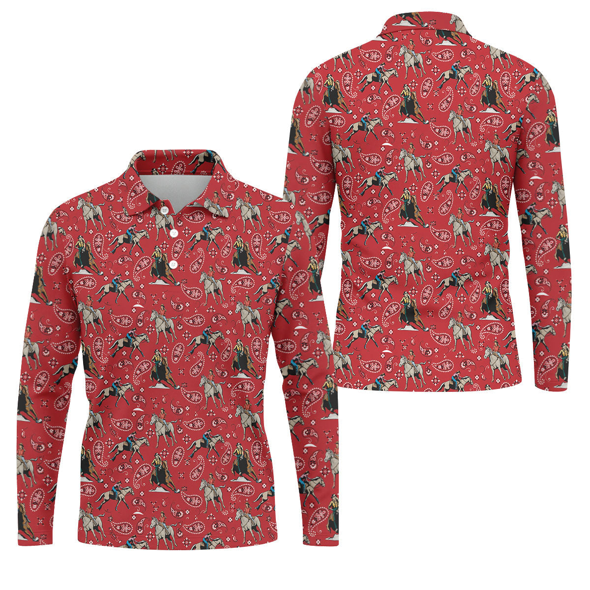 Red Cowboy Horse Paisley Pattern Golf Shirt, Mens Golf Polo, Golf Shirts For Men