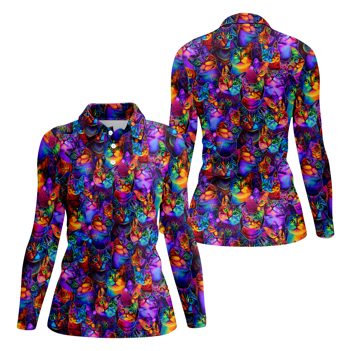 Psychedelic Cat Golf Shirt, Colorful Neon Cat Pattern, Polo Shirts For Women