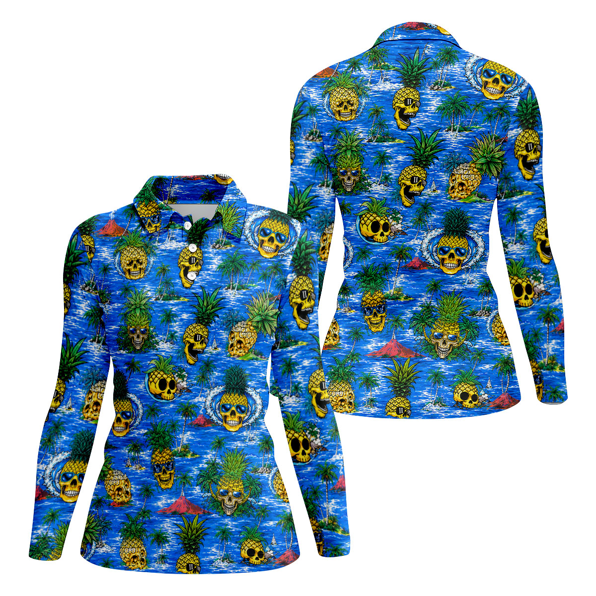 Pineapple Skull Island Ocean Hawaiian Golf Shirt, Hawaiian Golf Shirt, Golf Tops For Women