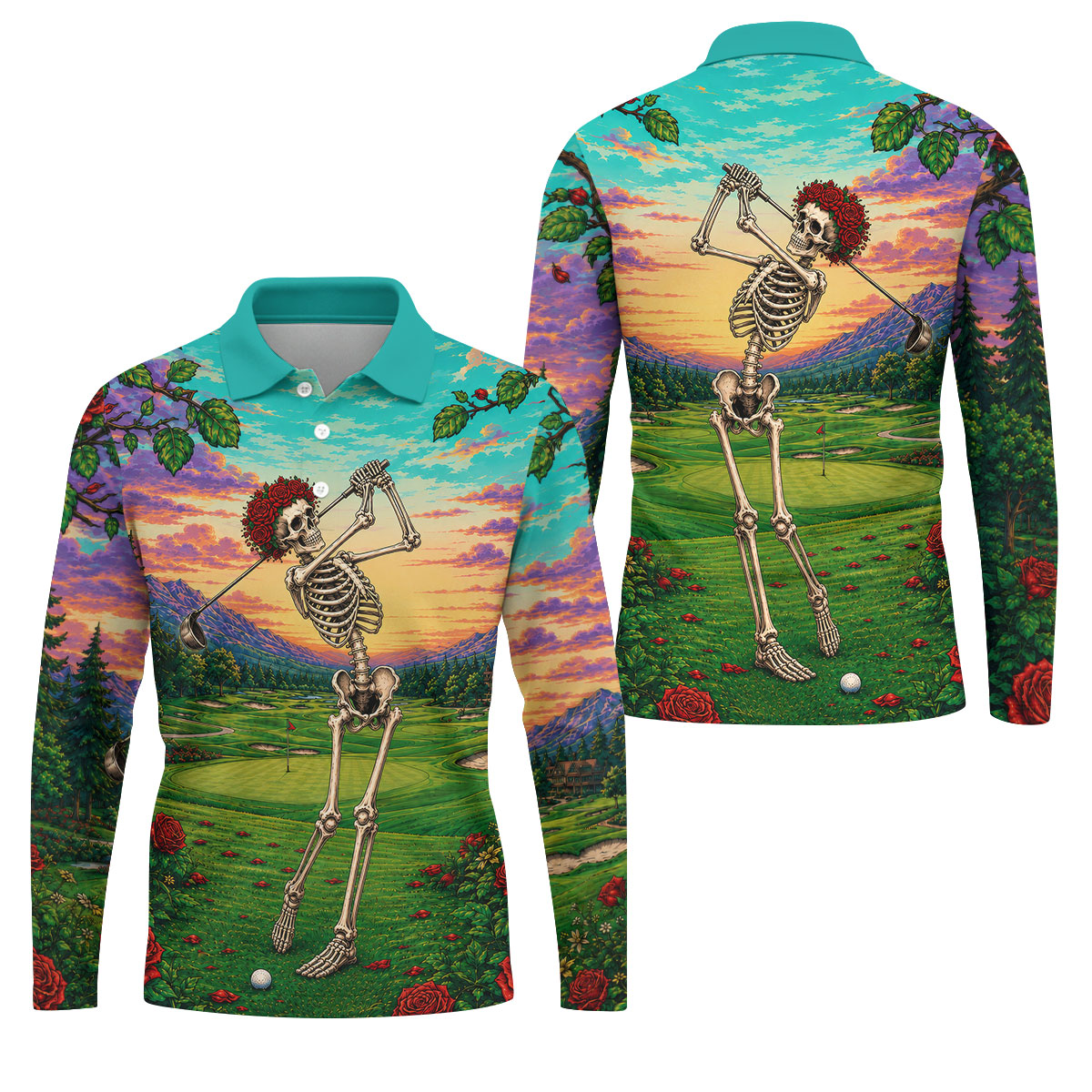 Skeleton Golfer Sunset Golf Course Shirt, Mens Golf Apparel, Halloween Golf Shirt