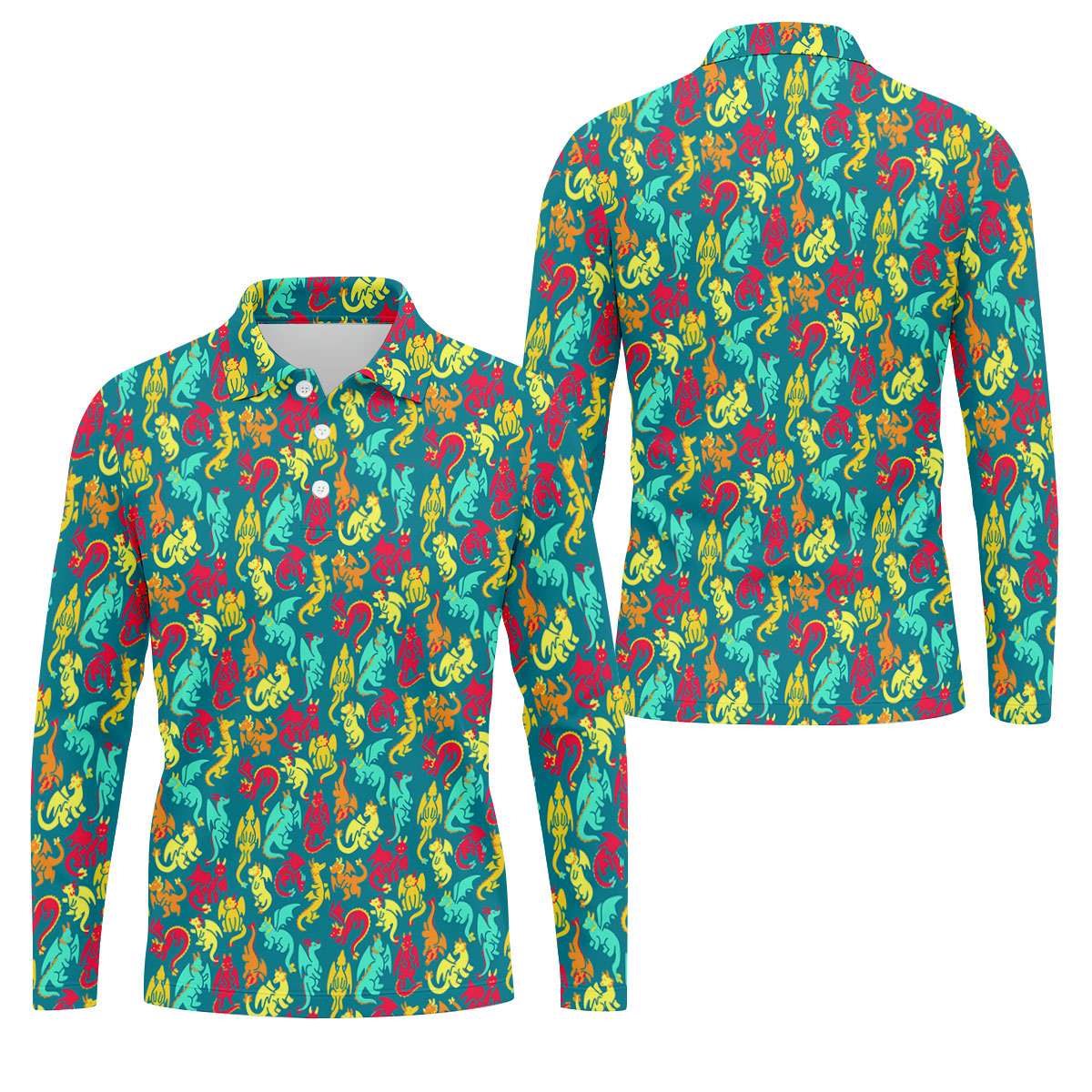 Cartoon Dragons Colorful Golf Shirt, Cute Golf Outfit, Polo Shirt Men, Golf Shirts For Men
