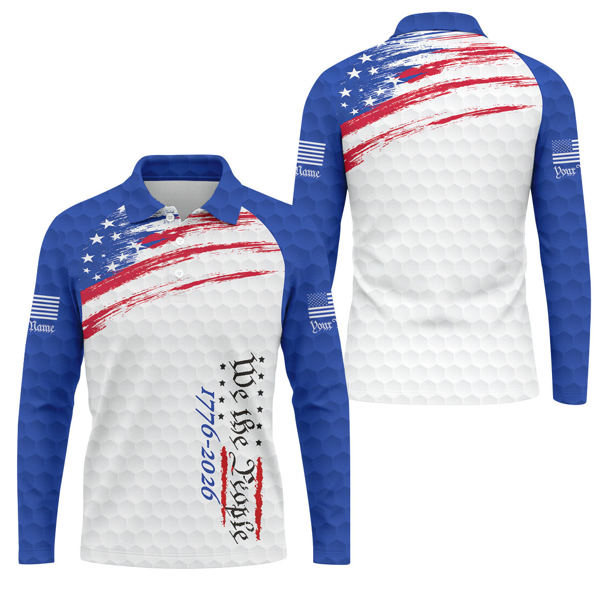 We The People 1776-2926 American Flag Brush Blue Golf Shirt, 250 Years Patriotic 4th Of July Golf Shirts For Men