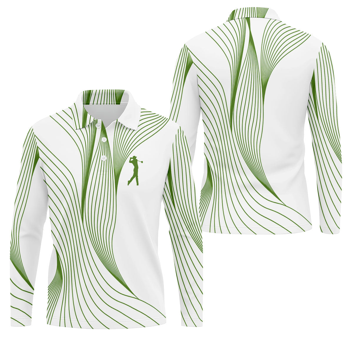 Geometric Line Wavy Line Green And White Golf Shirts For Men, Men's Golf Shirt, Polo ShirtFor Men