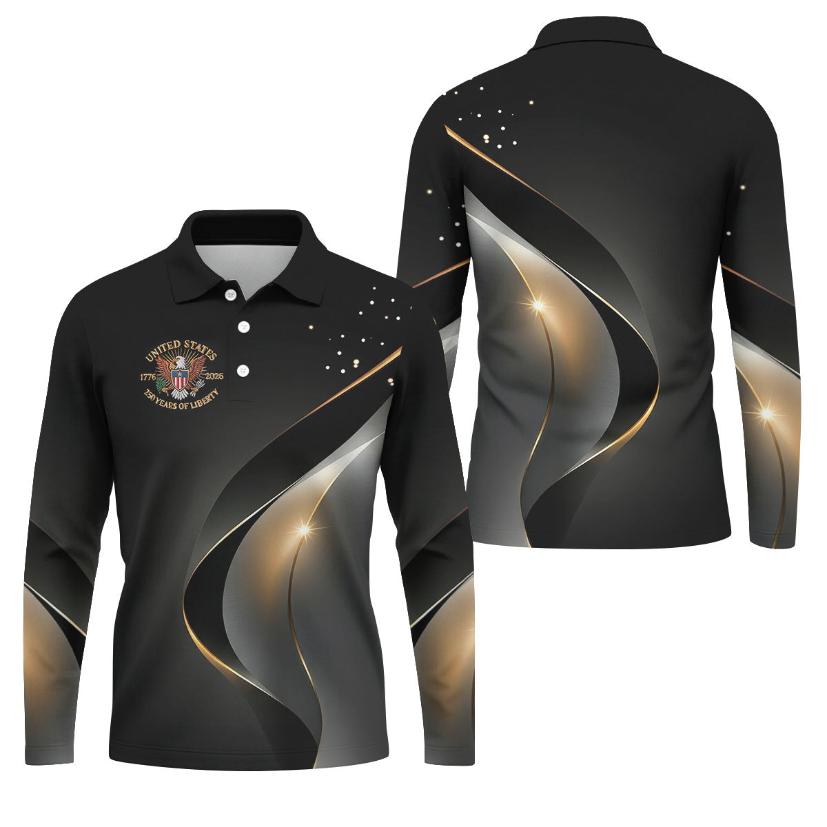 US 250 Years Of Liberty American Flag And Bald Eagle Black Golf Shirt, Patriotic 4th Of July Golf Shirts For Men