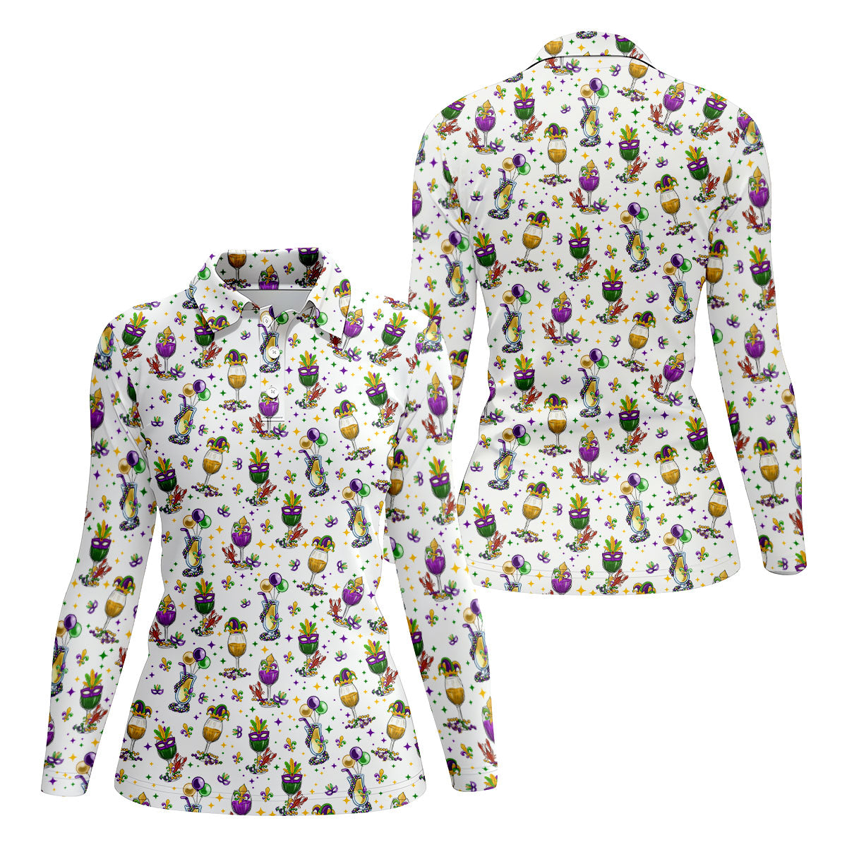 Mardi Gras Wine Glass Beaded Garland Fleur De Lis White Golf Shirt, Women's Golf Tops, Ladies Golf Polos