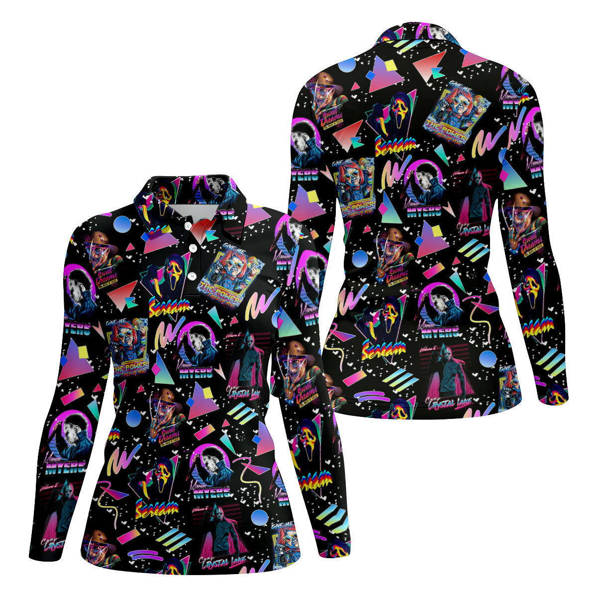 Retro Neon Horror Character Halloween Golf Shirt, Women's Golf Apparel, Printed Golf Shirt