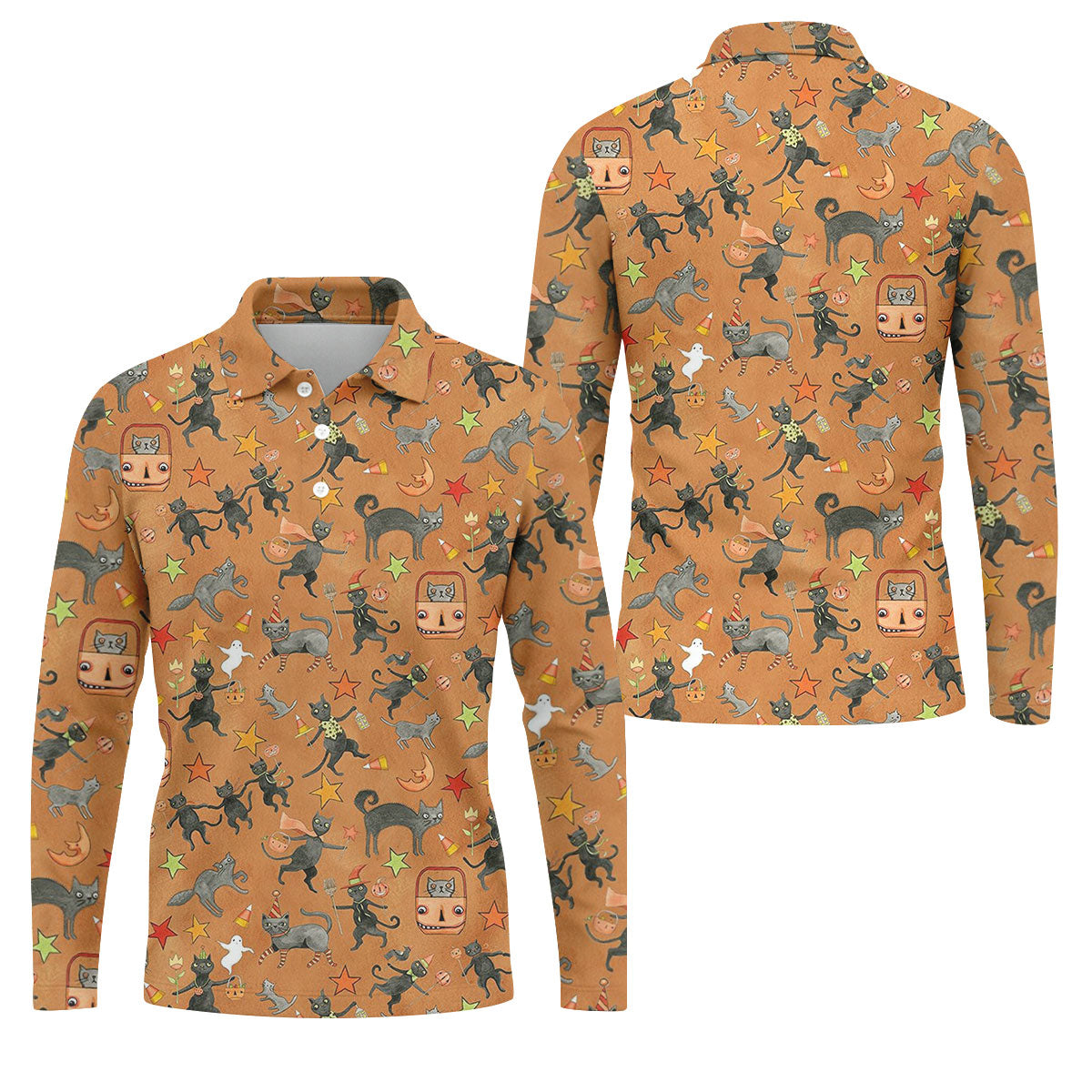 Vintage Black Cat Halloween Pattern Polo Shirt, Mens Golf Polo, Golf Apparel For Men