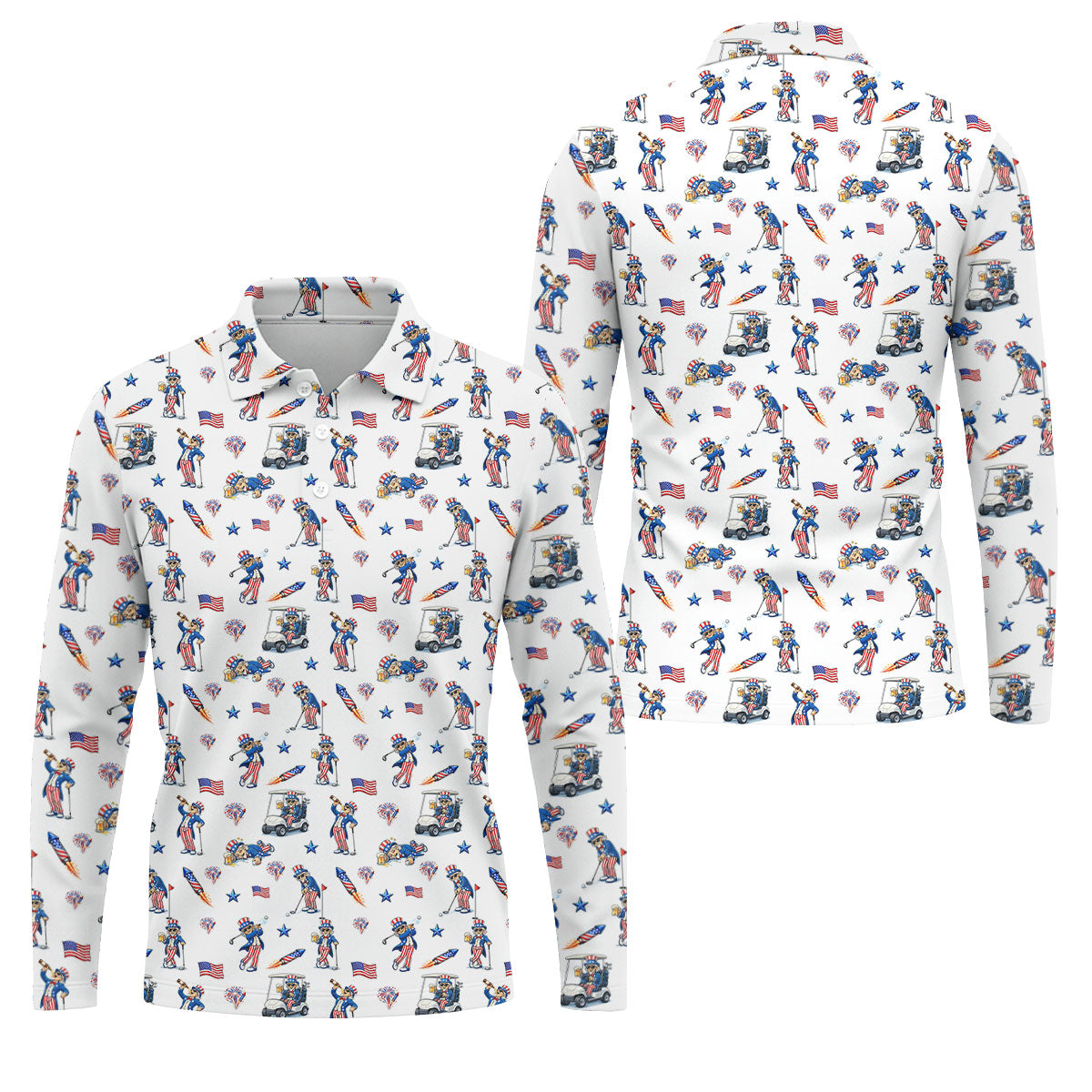 Patriotic Man Golf And Beer Funny 4th Of July White Golf Shirt, 250 Years Seamless Pattern Golf Shirts For Men