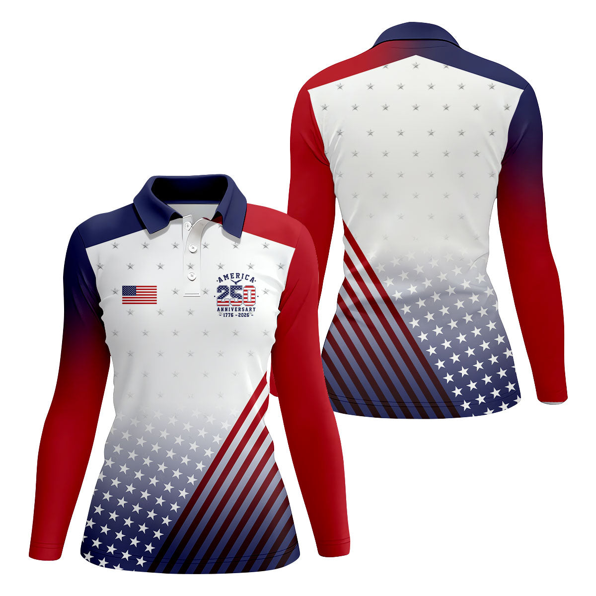 America 250 Anniversary 1776-2026 Flag Logo Golf Shirt For Women, Patriotic 4th Of July Golf Shirt