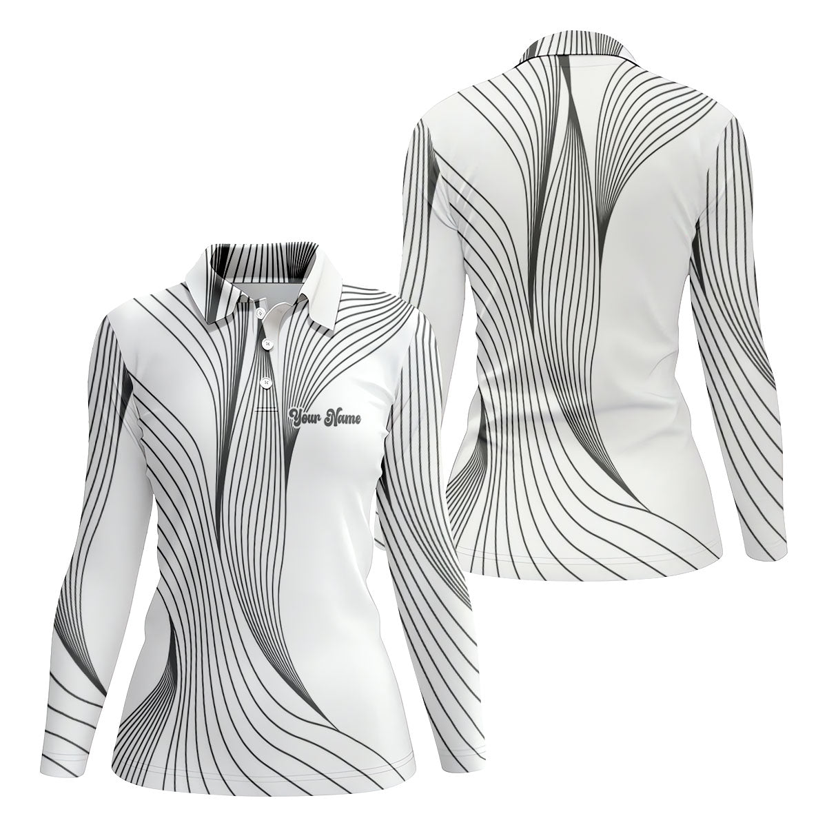 Geometric Line Wavy Line Black And White Custom Name Women's Golf Tops, Ladies Golf Shirts, Women's Polo Shirt