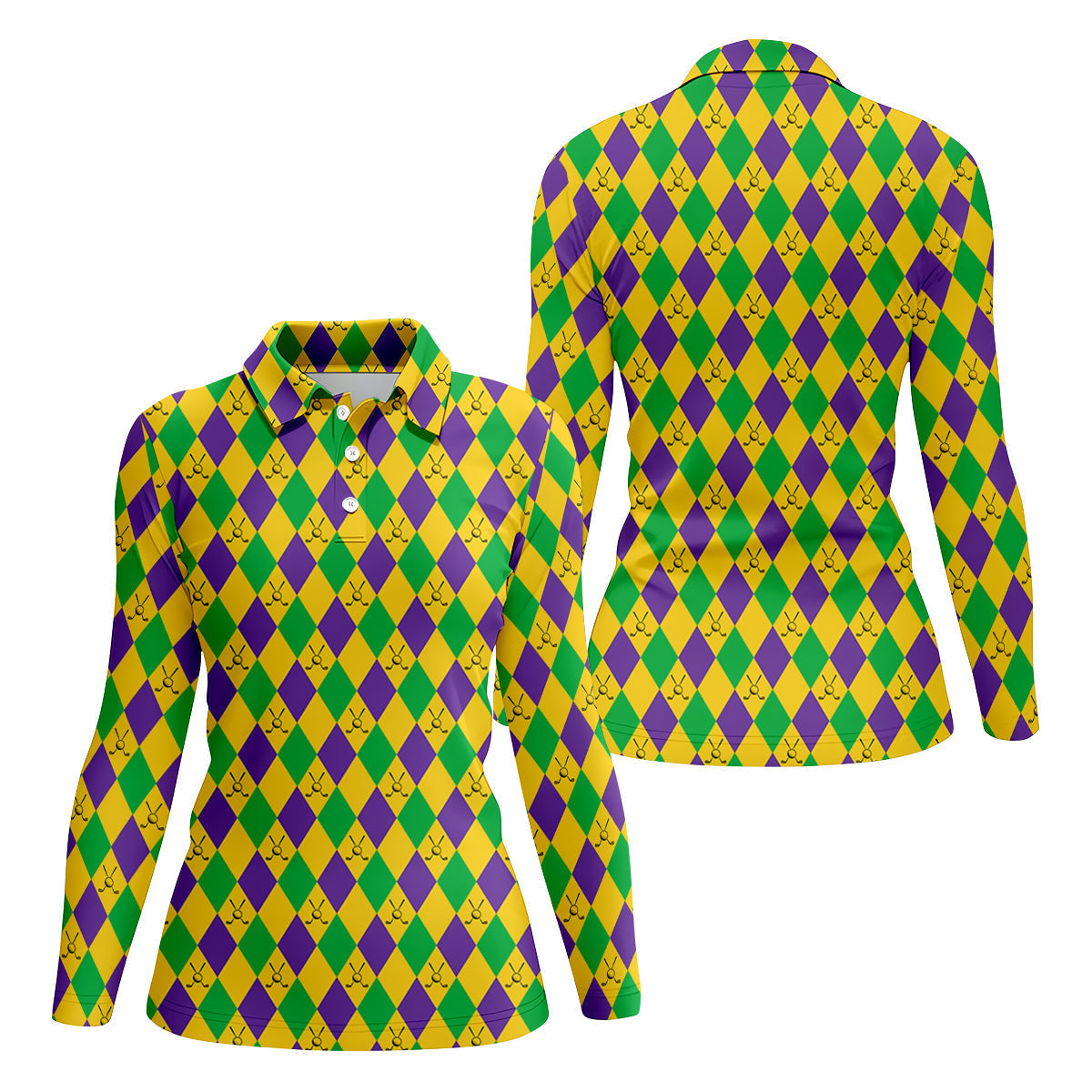 Green Gold Purple Argyle Pattern Mardi Gras Golf Shirt, Women's Golf Shirts, Ladies Golf Polos, Women's Polo Shirt