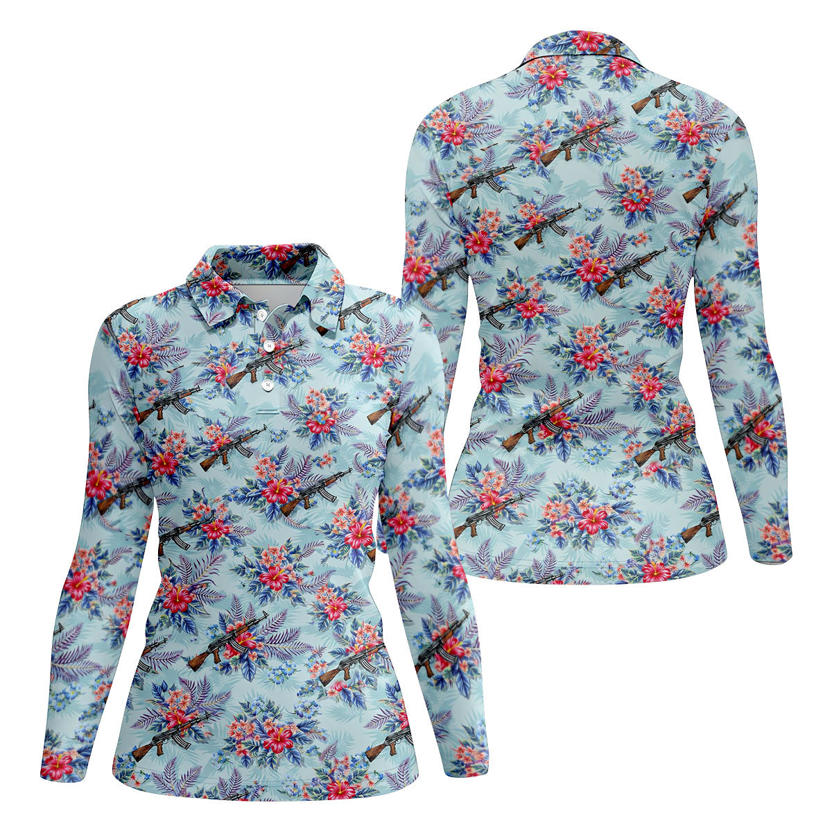 Hawaiian Floral Military Theme Light Blue Golf Shirt, Ladies Golf Shirts, Women's Polo Shirt