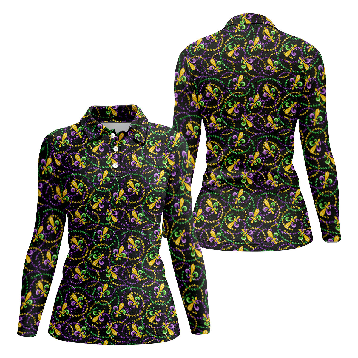 Mardi Gras Beads Purple Green Gold Fleur De Lis Women's Golf Tops, Ladies Golf Polos, Golf Shirt For Women