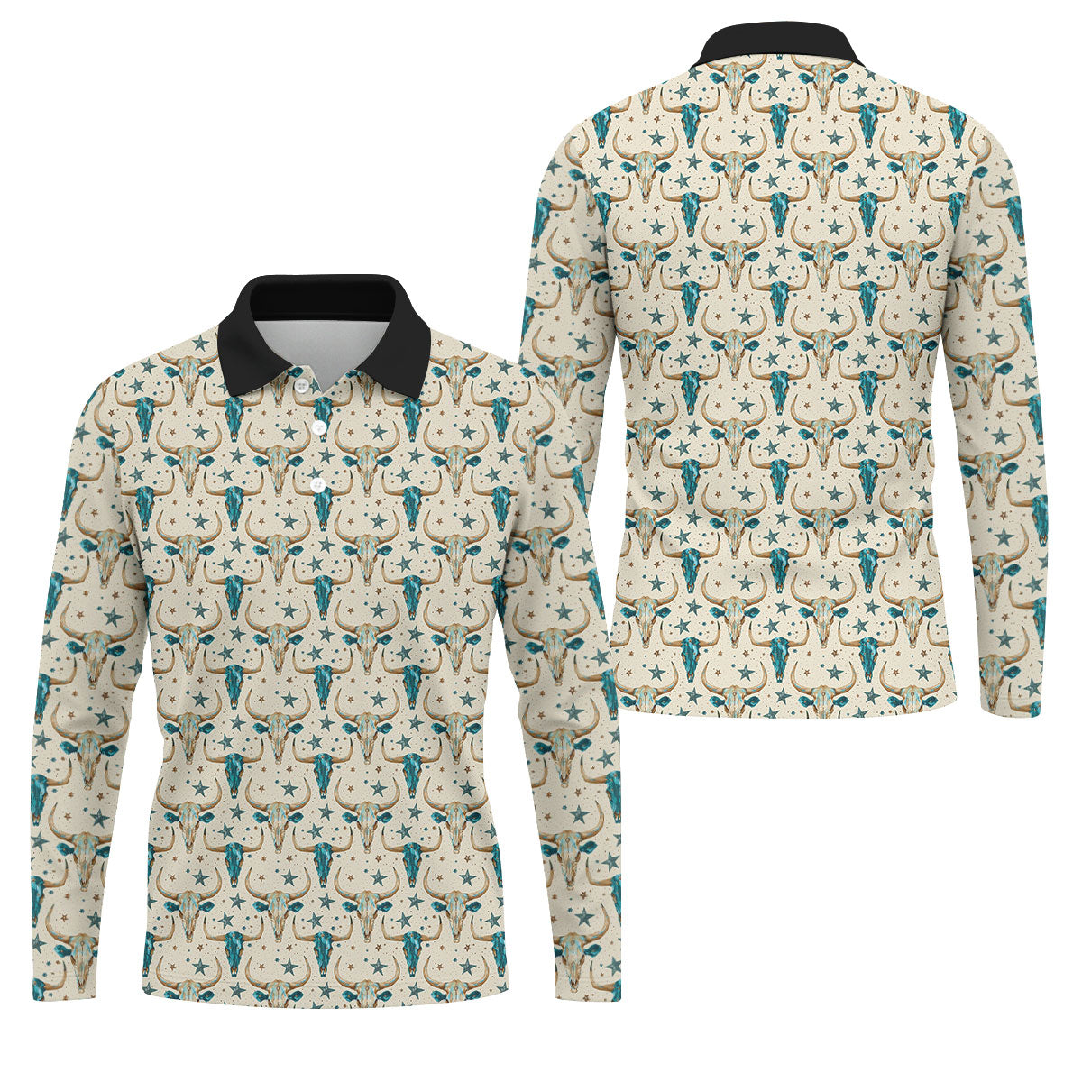 Cow Skulls Turquoise And Beige Western Theme Golf Tops For Men, Polo Shirtor Men, Golf Shirts For Men
