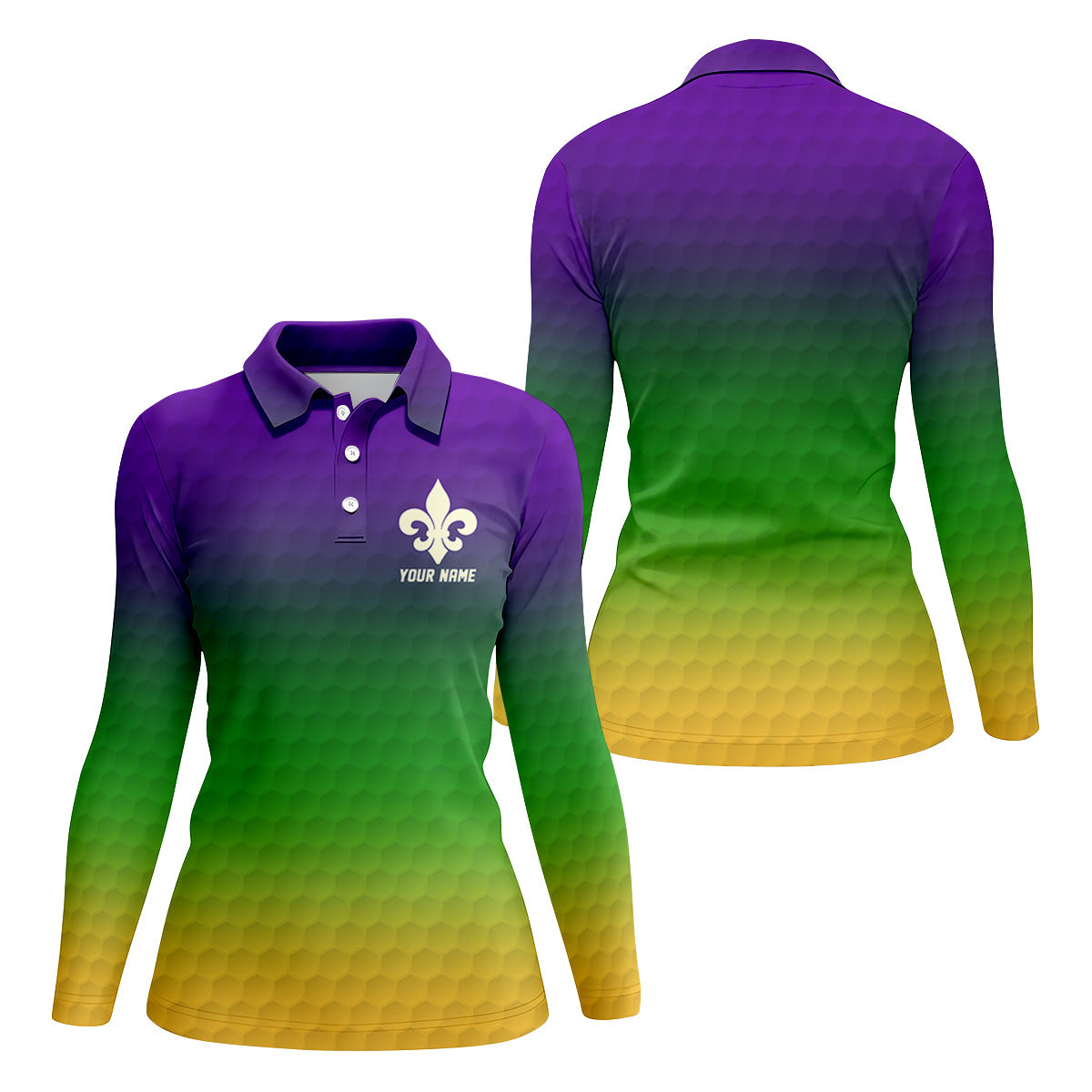 Purple Green Gold Golf Ball Pattern Mardi Gras Golf Shirt, Ladies Golf Polos, Golf Shirt For Women