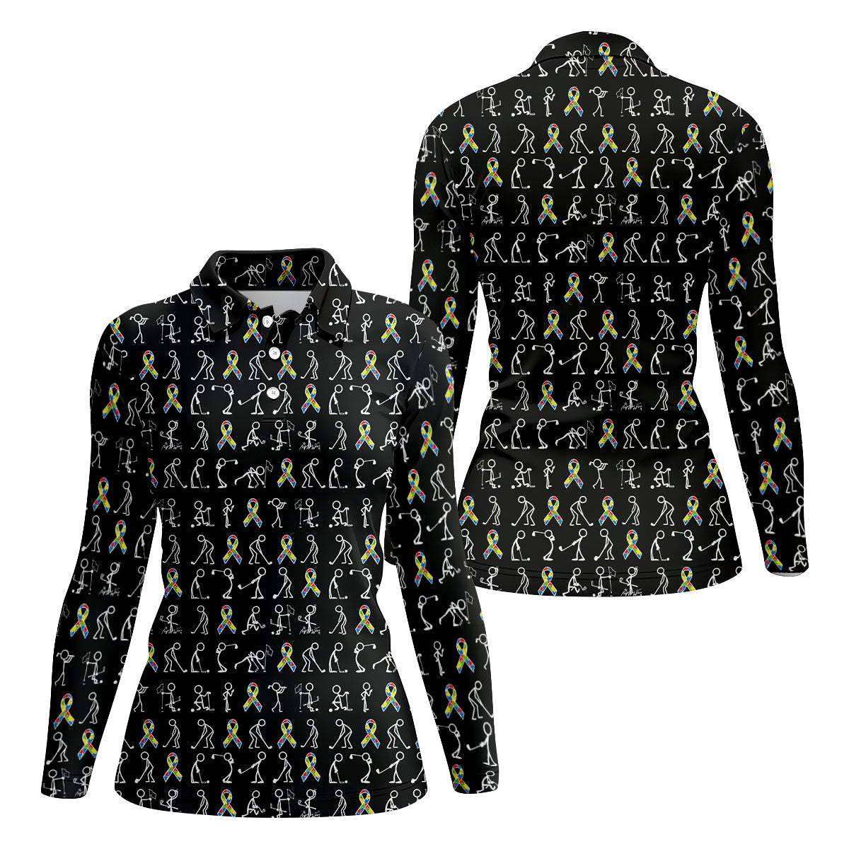 Stick Figure Golf Pose Autism Ribbon Black Golf Shirt, Autism Awareness Colors Ladies Golf Polos