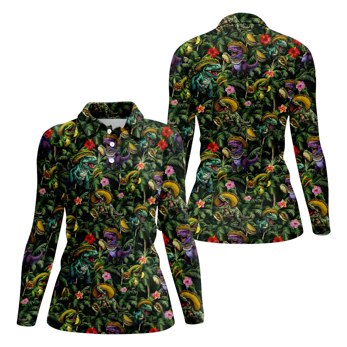 Hawaiian Dinosaur Sombreros Tacos Cinco De Mayo Celebration Fiesta Themed Golf Shirt For Women