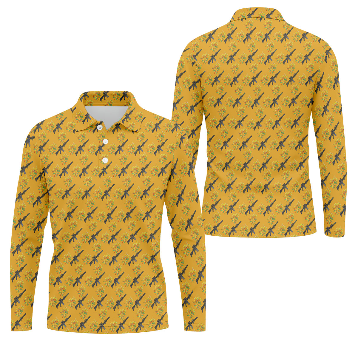 Gun And Flower Yellow Lily Flower Seamless Pattern Yellow Golf Shirt, Golf Tops For Men, Golf Shirts For Men
