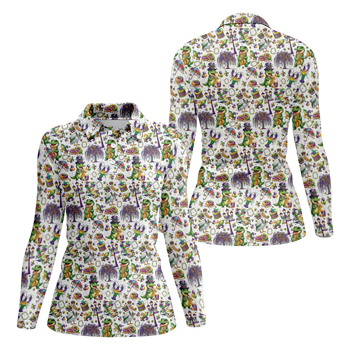 Mardi Gras Fleur De Lis Animal Band White Golf Shirt, Women's Golf Shirts, Ladies Golf Polos