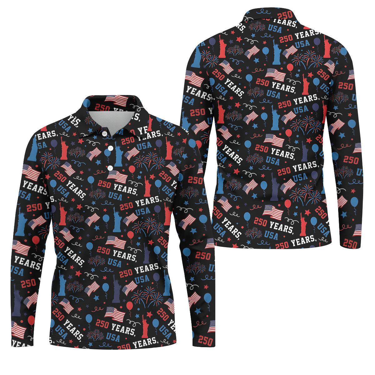 250 Years USA Red White Blue Seamless Pattern Black Golf Shirt, Patriotic 4th Of July Golf Shirts For Men