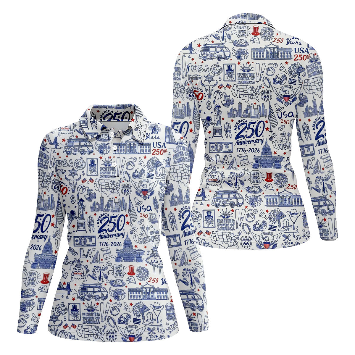 America 250 Anniversary US Symbols Doodle Pattern Patriotic Golf Shirt, 4th Of July Golf Shirt For Women