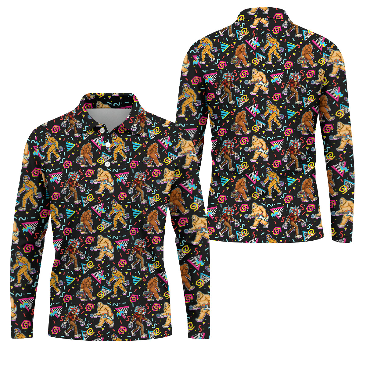 Retro Bigfoot Monkey Guitar Boombox Golf Shirt, Polo Shirts For Men, Mens Golf Apparel, Golf Polo Shirts For Men