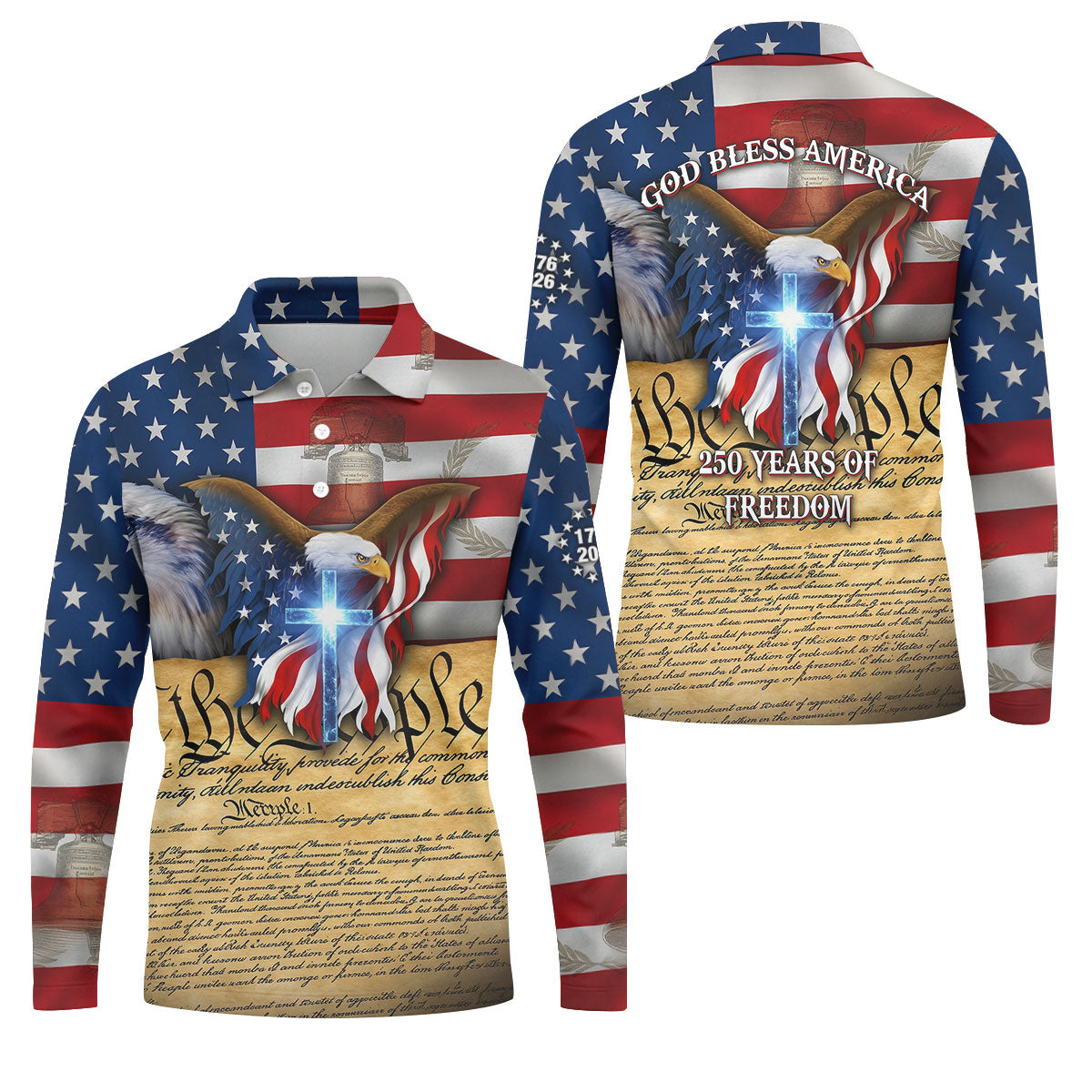 God Bless America 250 Years Of Freedom Faith Cross Patriotic Golf Shirt, 4th Of July Golf Shirts For Men