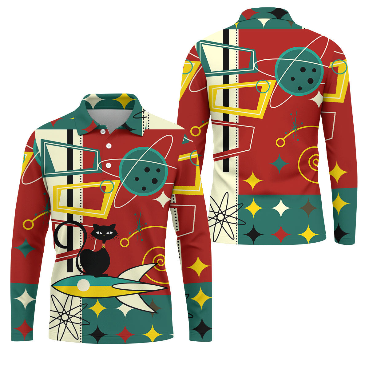 Geometric Abstraction Atomic Cat Hawaiian Golf Shirt, Retro Golf Shirt, Polo Shirtor Men