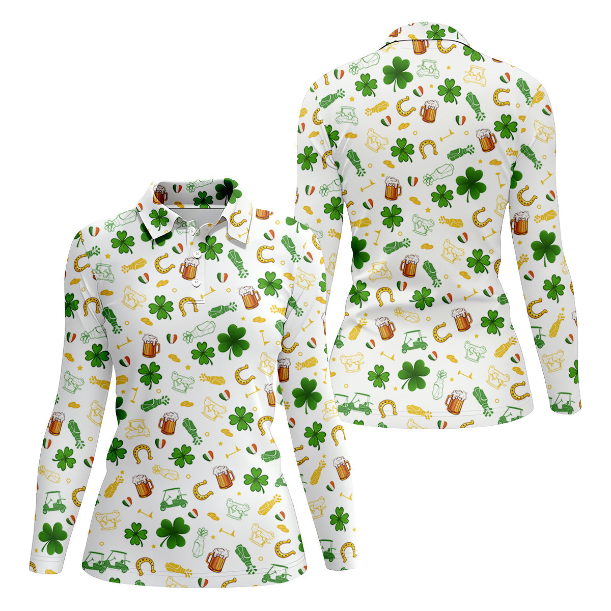 St Patrick's Day Beer Golden Horseshoes Shamrock Golf Shirt, Women's Golf Tops, Ladies Golf Polos