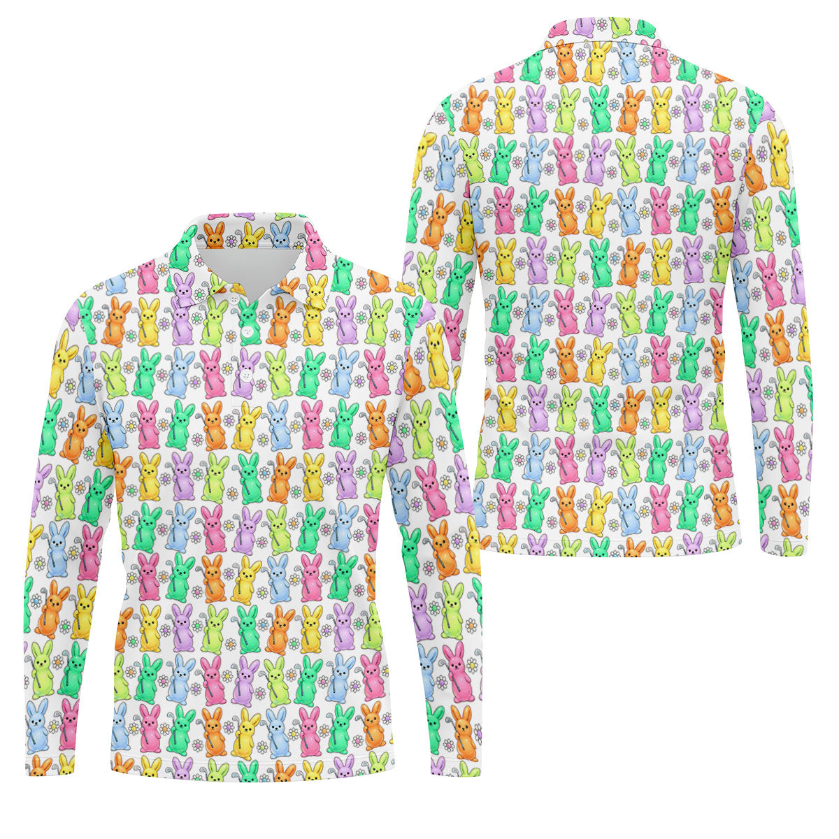 Colorful Easter Bunny White Golf Shirt, Cute Golf Outfit, Golf Shirts For Men, Golf Gift For Men
