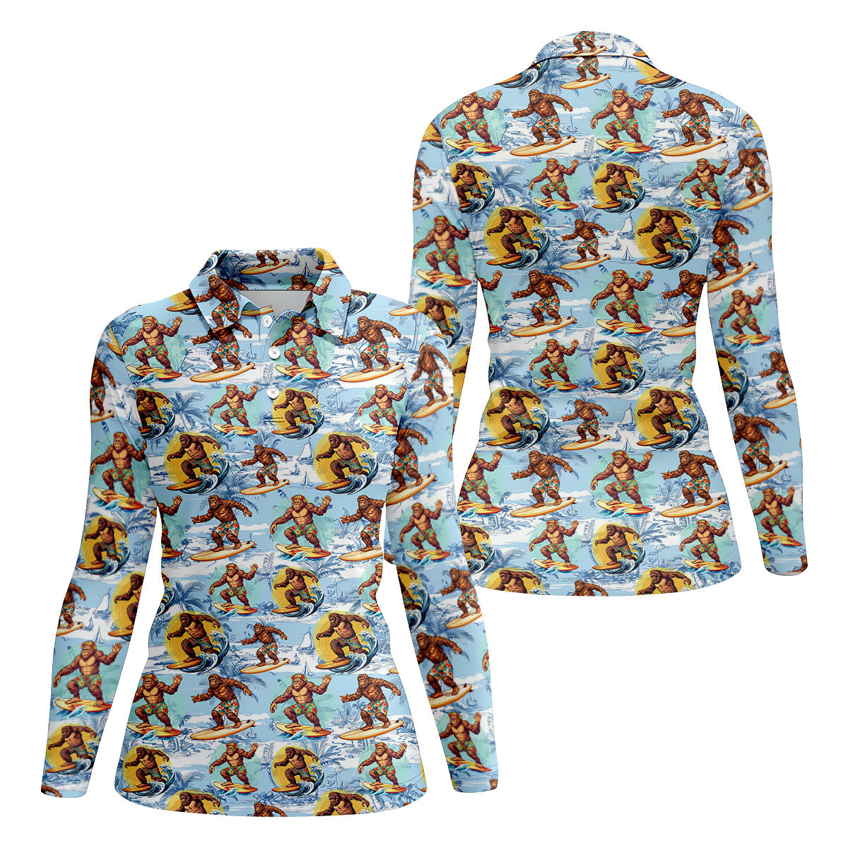 Surfing Bigfoot Hawaiian Golf Shirt, Womens Golf Tops, Golf Polo For Women