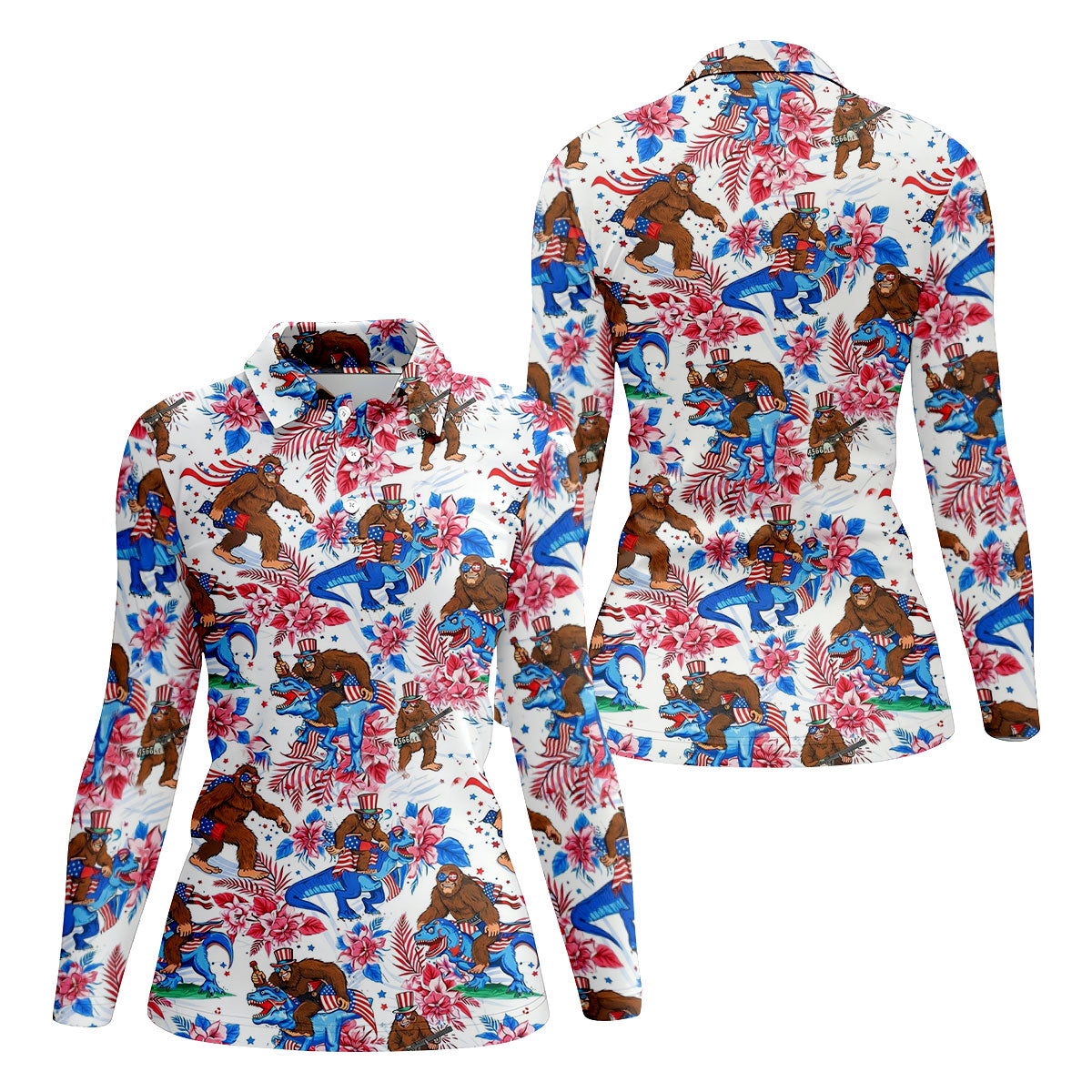 American Flag Patriotic Pride Funny Bigfoot Hawaiian Golf Shirt, 250th Anniversary Women's Golf Tops