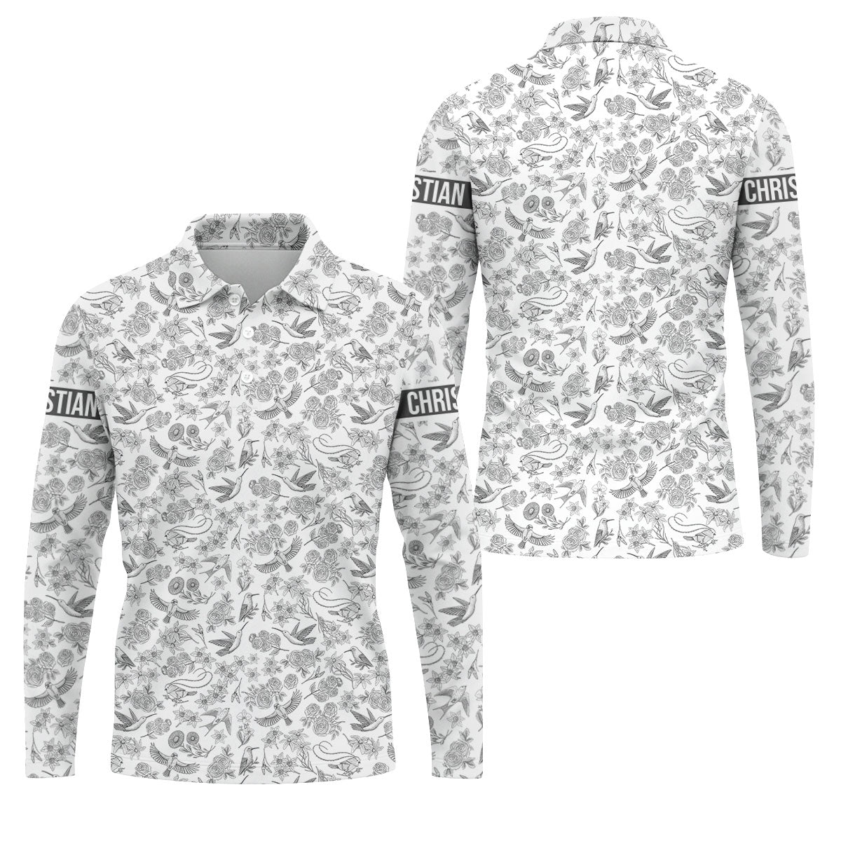 Custom Name Toile de Jouy Birds And Flowers Grey And White Polo ShirtFor Men, Golf Gift For Men