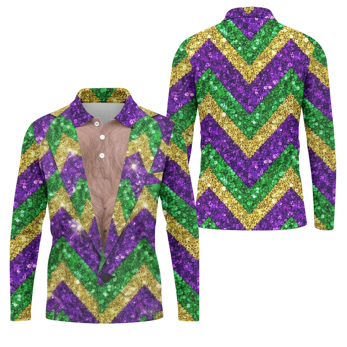 Mardi Gras Purple Green Gold Printed Sequin Zigzag Pattern Golf Shirts For Men, Men's Funny Golf Shirts