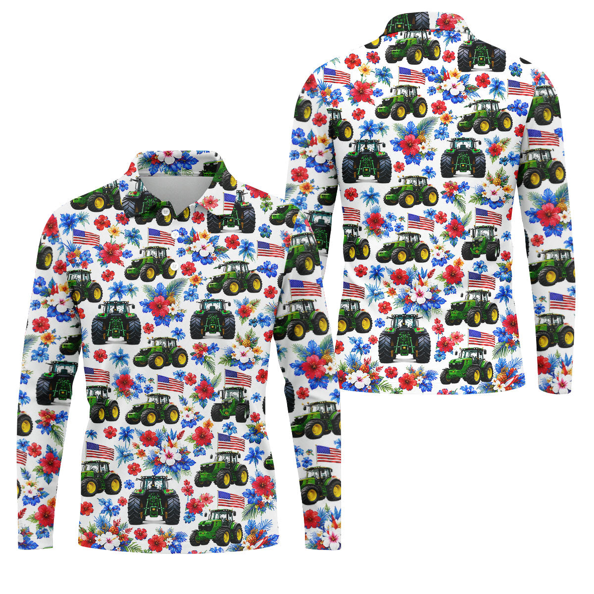 American Tractor Golf Shirt, Patriotic Wildflower Country Farm Pattern, Golf Shirt For Men