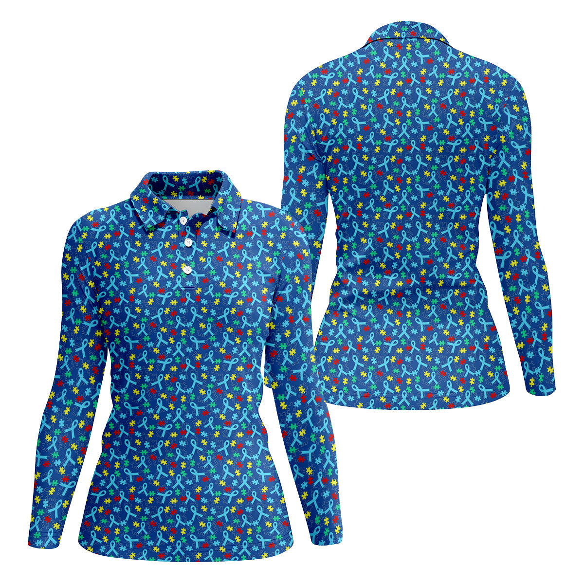 Autism Awareness Ribbon And Colorful Puzzles Blue Golf Shirt, Women's Golf Tops, Ladies Golf Shirts