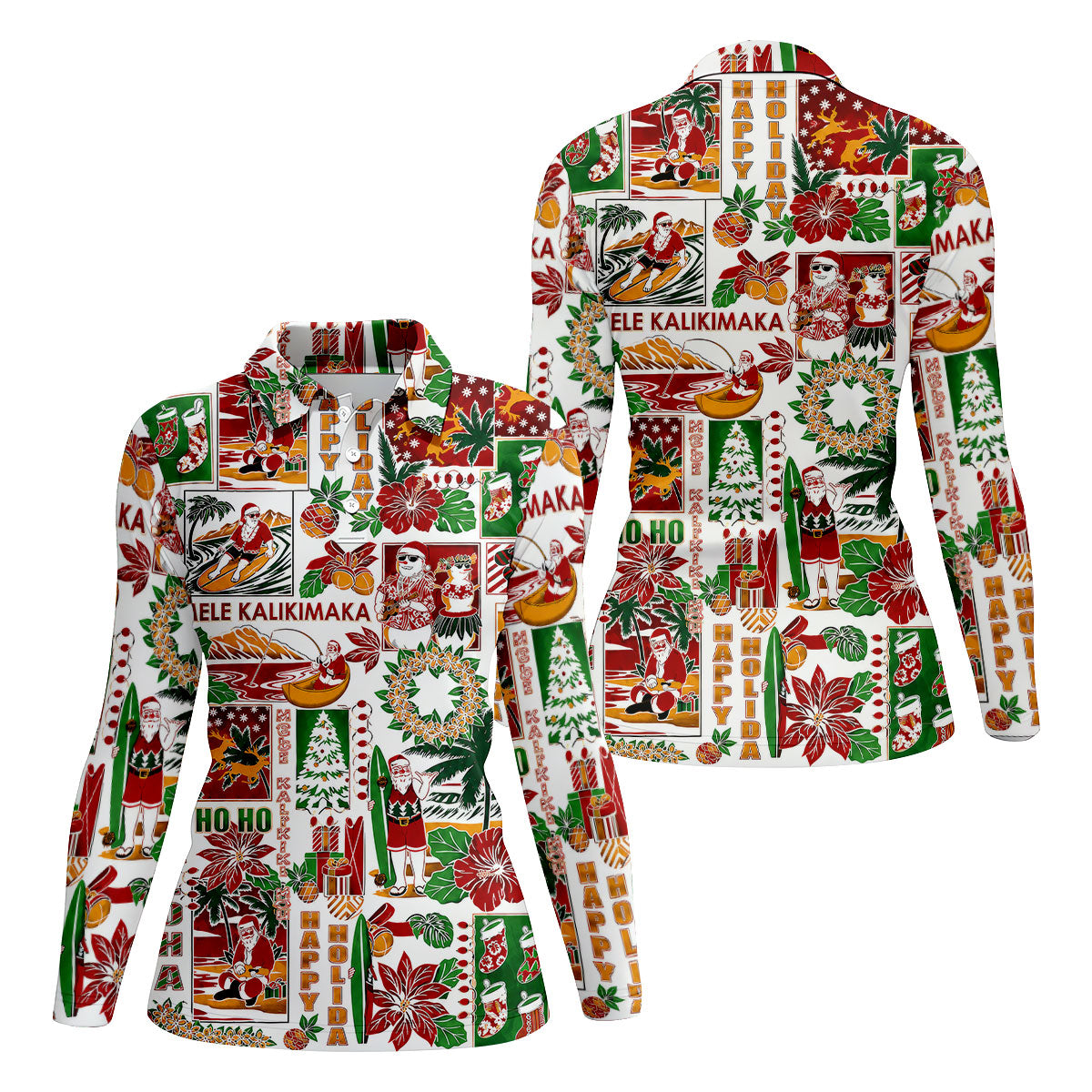 Women's Mele Kalikimaka Hawaiian Christmas Golf Shirt, Tropical Santa Holiday Golf Shirt, Women’s Golf Polo