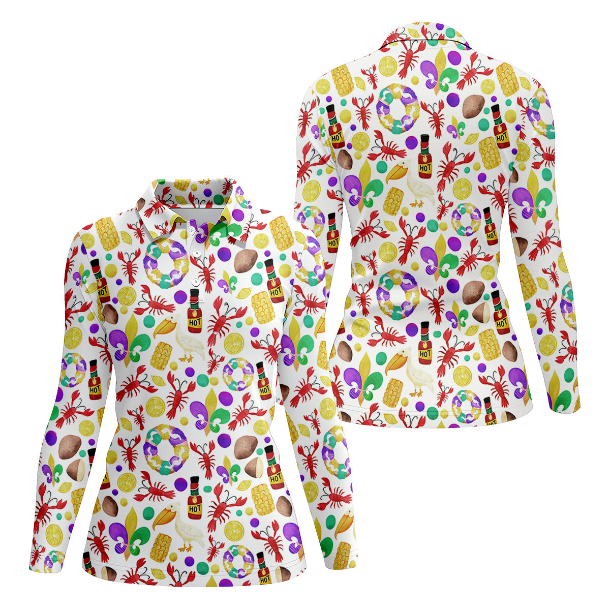 Fleur De Lis Flower White Pelican Lobster Hot Sauce Mardi Gras Golf Shirt, Women Golf Top, Ladies Golf Polos