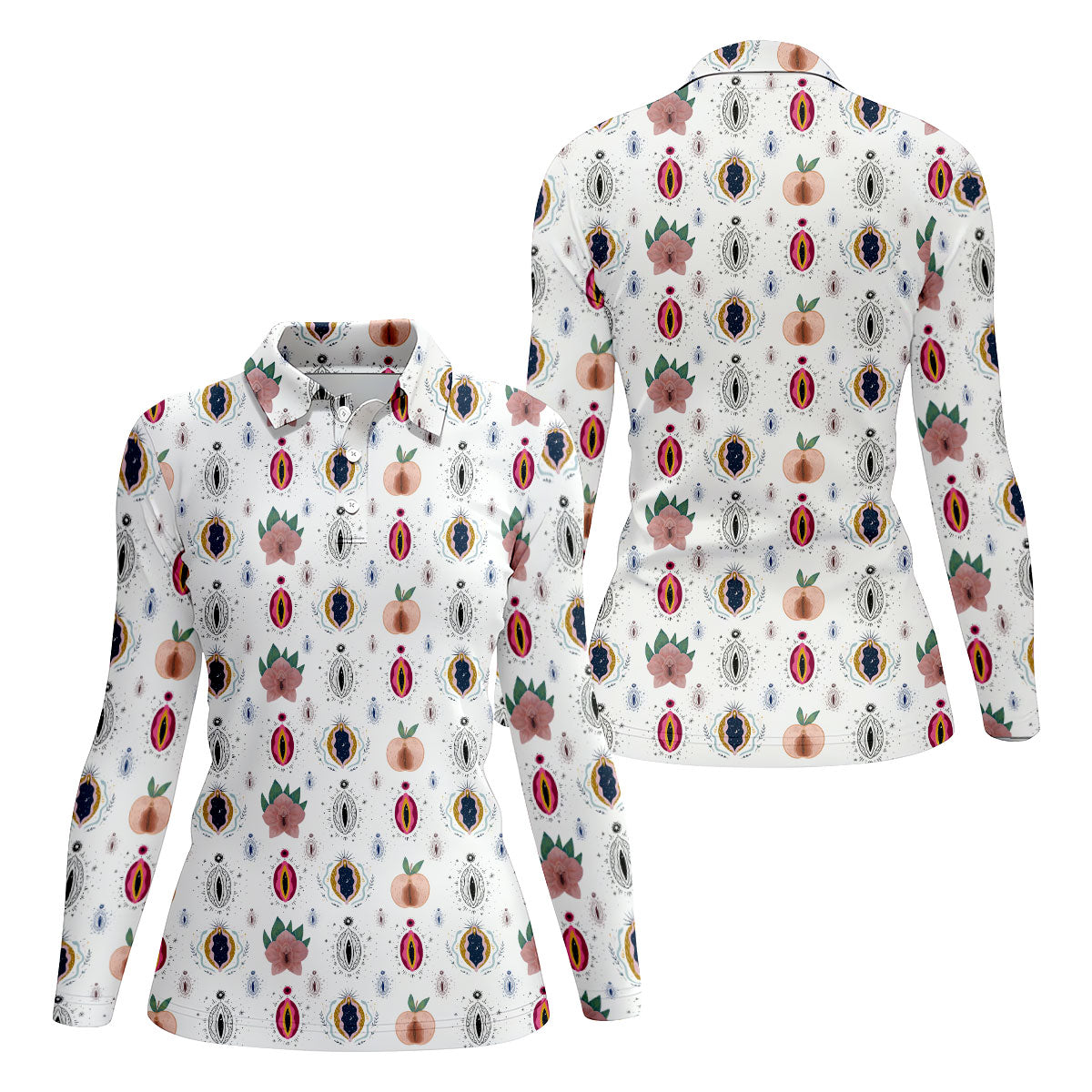 Abstract Peach Botanical Pattern Golf Shirt, Ladies Golf Shirts, Women’s Golf Apparel
