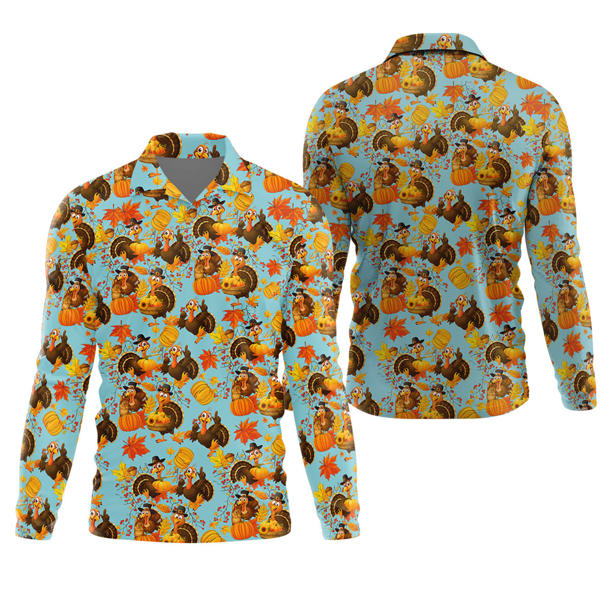 Turkey Pumpkin Thanksgiving Holiday Blue And Orange Polo Shirtor Men, Golf Gift For Men