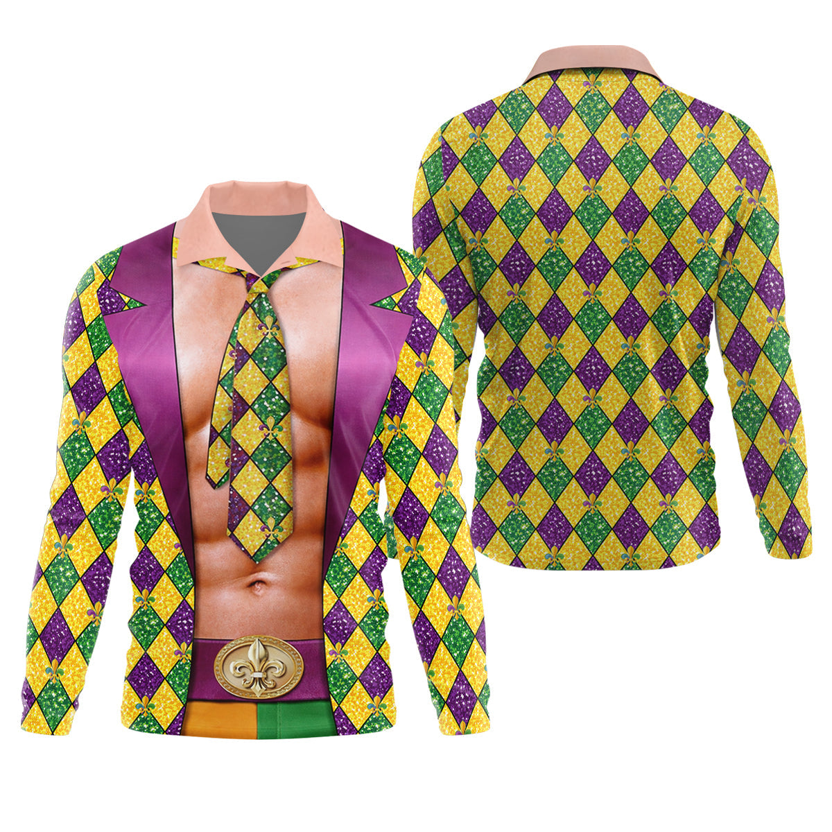 Green Purple Gold Argyle Pattern Fun Suit Mardi Gras Print Golf Shirt, Fun Golf Shirts For Men, Polo For Men