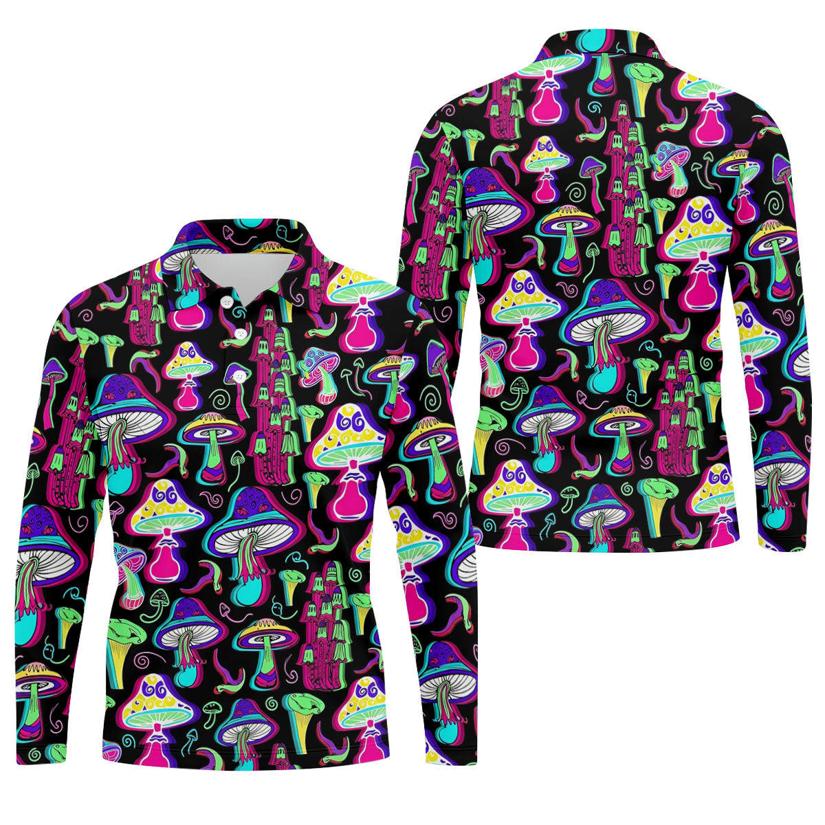 Black Neon Mushroom Pattern Golf Shirt, Mens Golf Polo, Golf Apparel For Men, Printed Golf Shirts