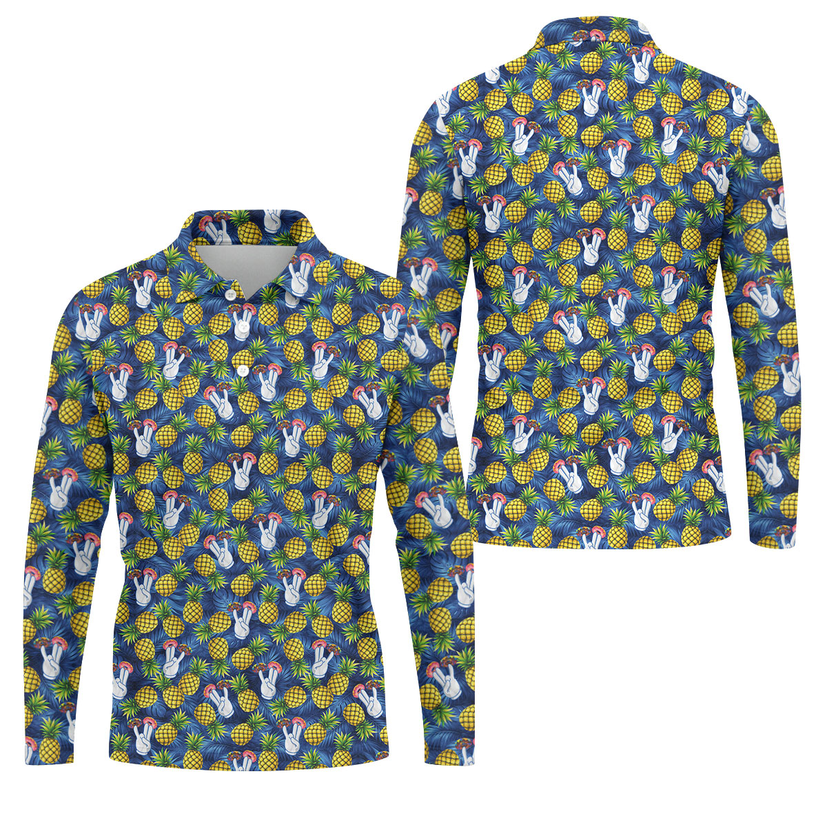 Hawaiian Pineapples Donut Finger Blue Green Yellow Fun Golf Shirts For Men, Polo ShirtFor Men
