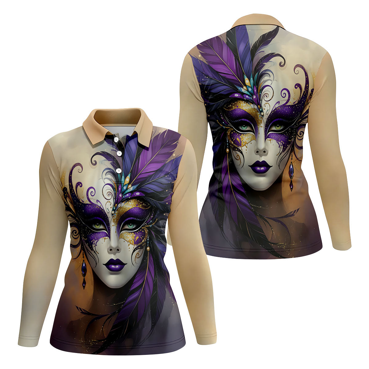 Feather Mask Mardi Gras Golf Shirt, Purple And Beige Women's Golf Tops, Ladies Golf Shirt