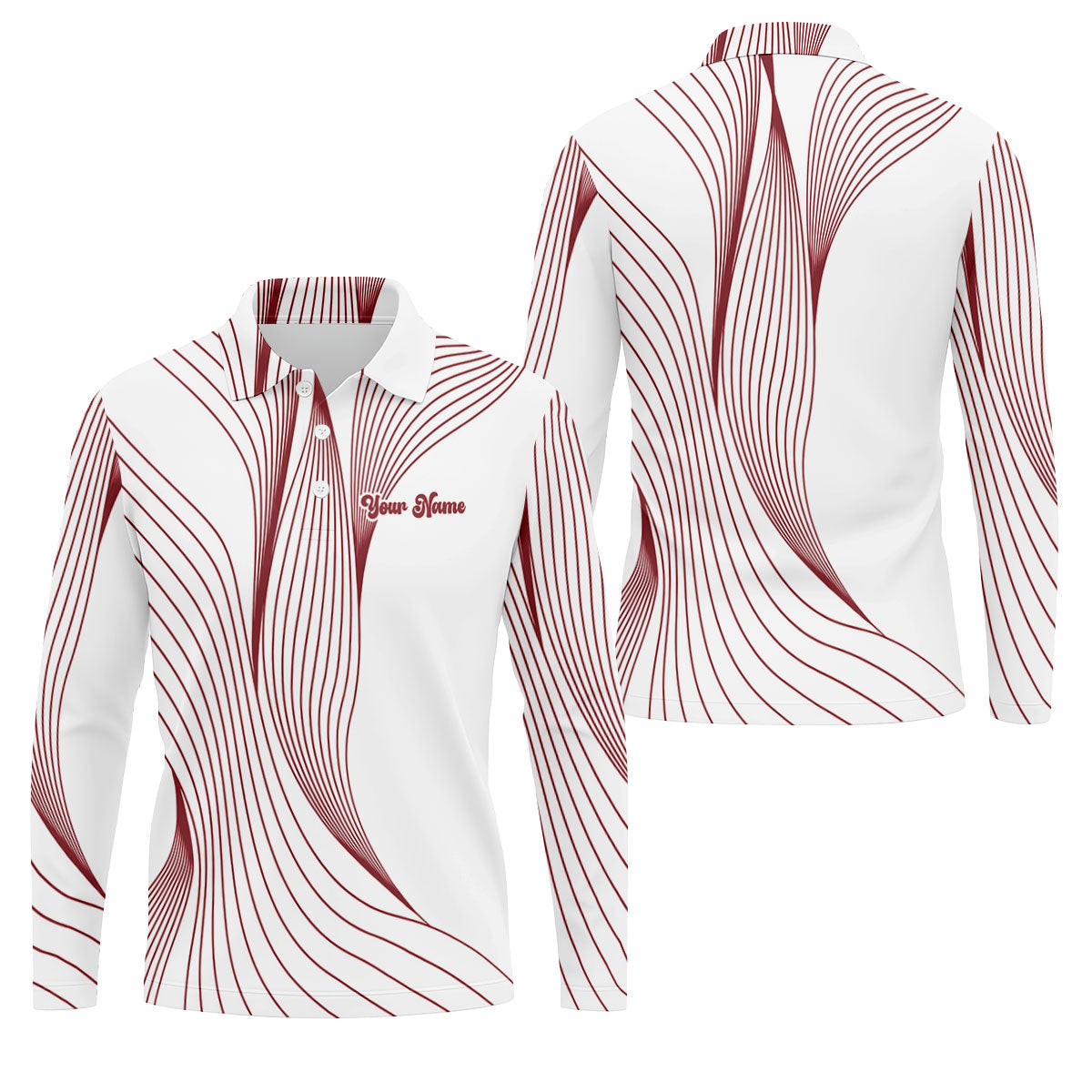 Geometric Line Wavy Line Red And White Custom Name Golf Shirts For Men, Men's Golf Shirt, Polo ShirtFor Men