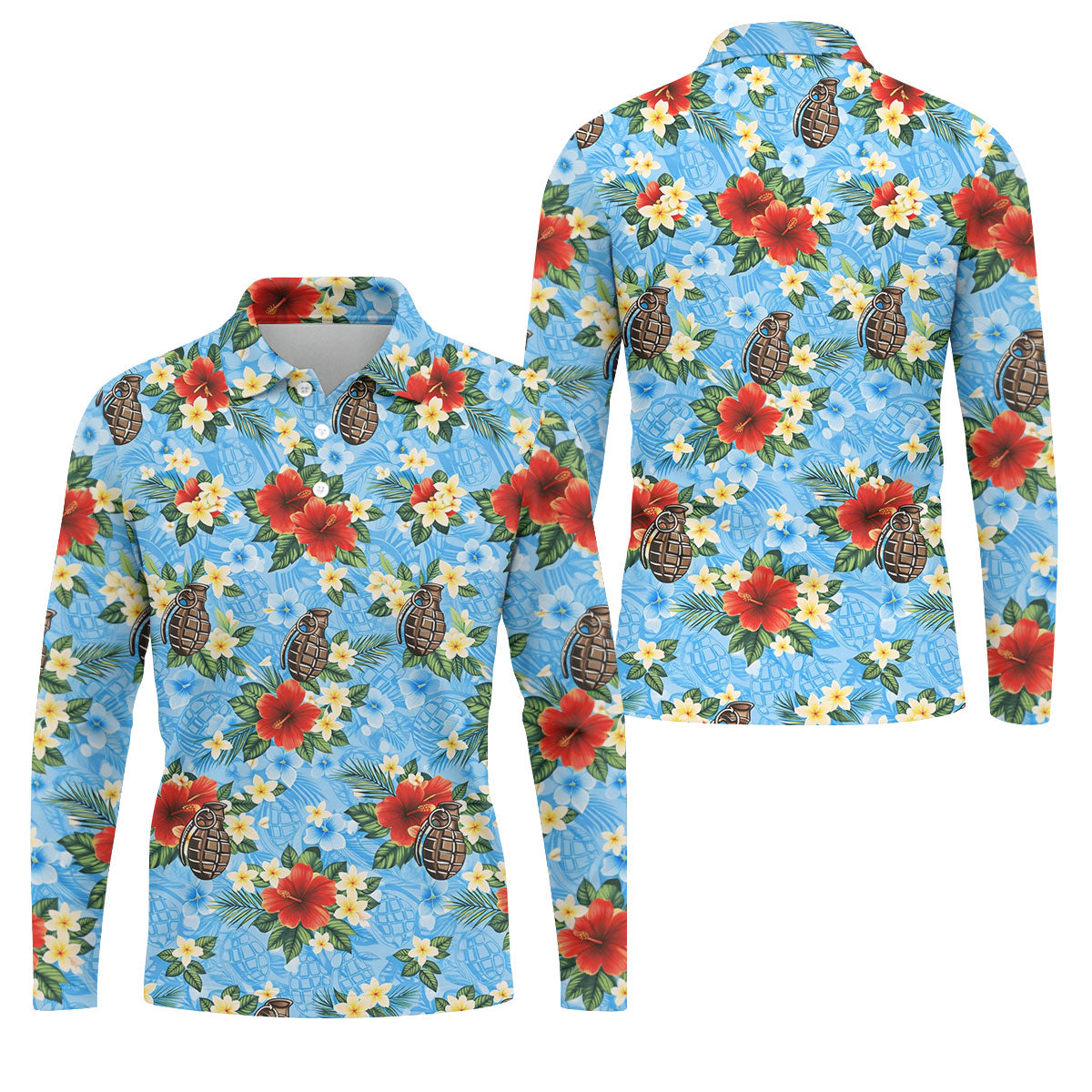 Floral Pattern Army Theme Hawaiian Blue Golf Shirt, Men's Golf Polo ShirtShirts For Men
