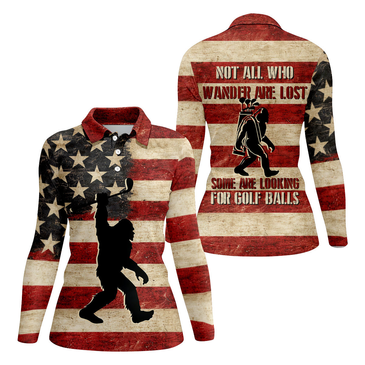 Vintage American Flag Bigfoot Golfer Polo Shirt, Women’s Golf Polo, Golf Tops For Women