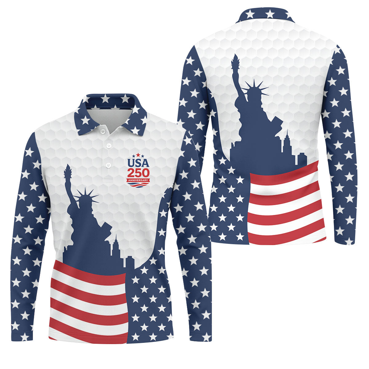 USA 250 Anniversary Silhouette Of Statue Of Liberty White Golf Shirt, 4th Of July Golf Shirts For Men